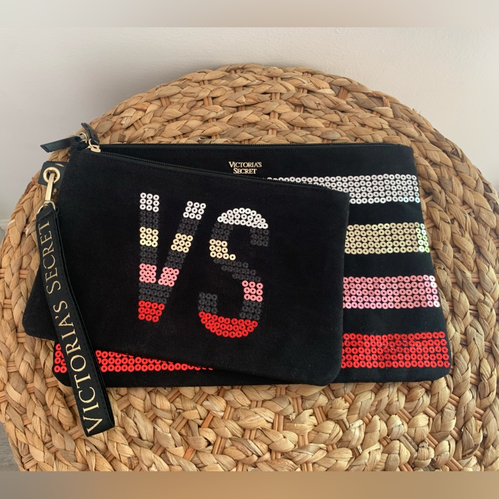 Victoria's Secret Makeup Bag Wristlet Two NWT! Sequins Stripped and VS Insignia.